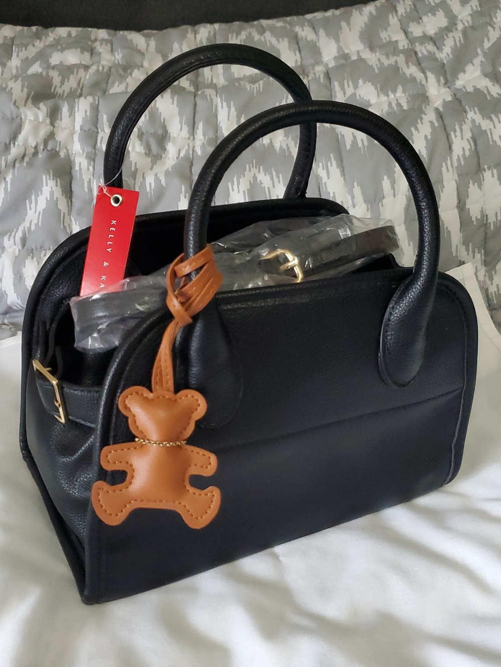Kelly & Katie Black Satchel with Tan Bear Charm Accent
